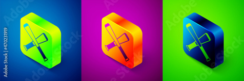 Isometric Crossed baseball bat icon isolated on blue, purple and green background. Square button. Vector