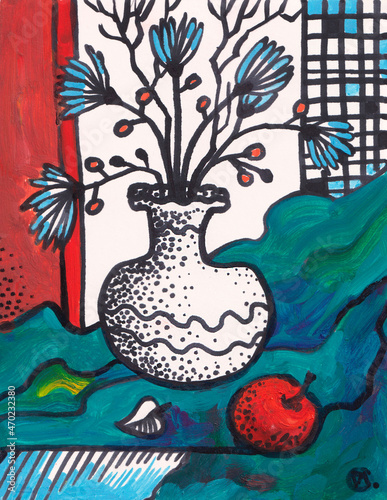 The apple and the bouquet in the vase are hand-drawn in black ink on a bright colorful background in a modernist style. The theme of creativity is suitable as graphics for the interior