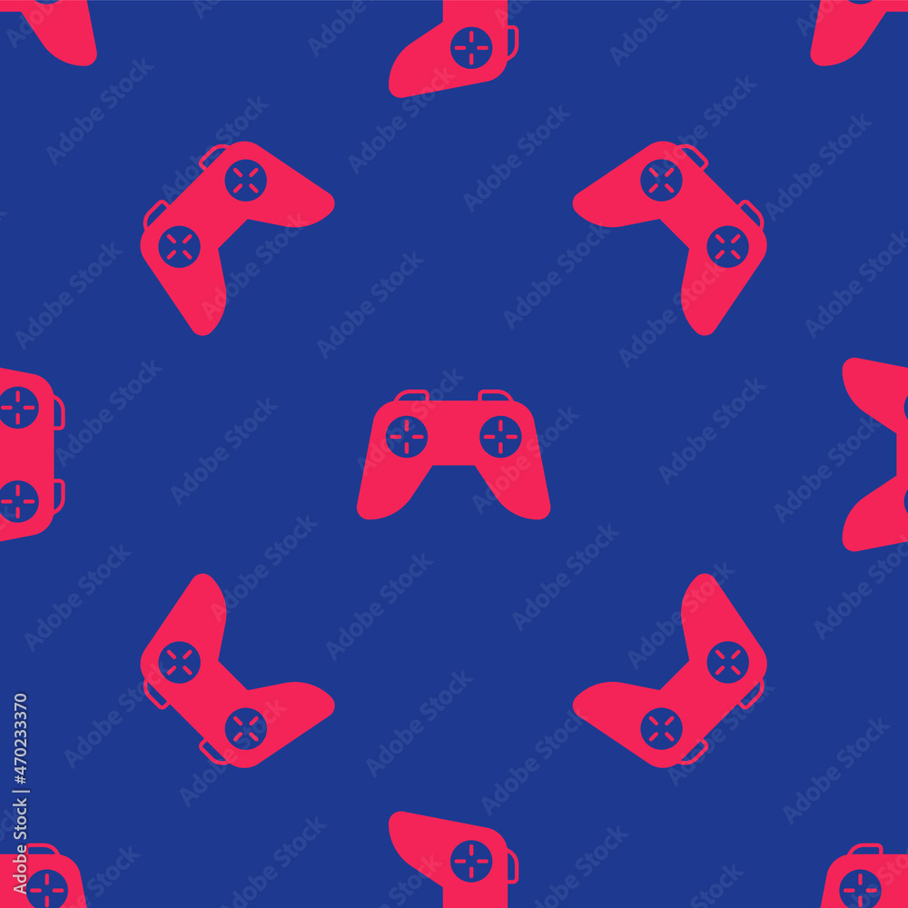 Red Game controller or joystick for game console icon isolated seamless pattern on blue background. Vector Red Game controller or joystick for game console icon isolated seamless pattern on blue background. Vector