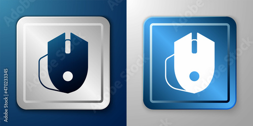 White Computer mouse gaming icon isolated on blue and grey background. Optical with wheel symbol. Silver and blue square button. Vector