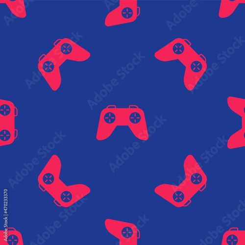 Red Game controller or joystick for game console icon isolated seamless pattern on blue background. Vector