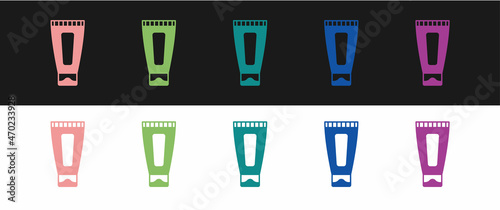 Set Cream or lotion cosmetic tube icon isolated on black and white background. Body care products for woman. Vector