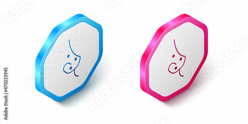 Isometric Acne icon isolated on white background. Inflamed pimple on the skin. The sebum in the clogged pore promotes the growth of a bacteria. Hexagon button. Vector