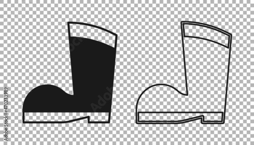 Black Waterproof rubber boot icon isolated on transparent background. Gumboots for rainy weather, fishing, gardening. Vector