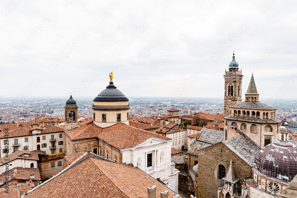 View of the Cathedral of St. Alexander of Bergamo and the Basilica of Santa Maria Maggiore. Bergamo