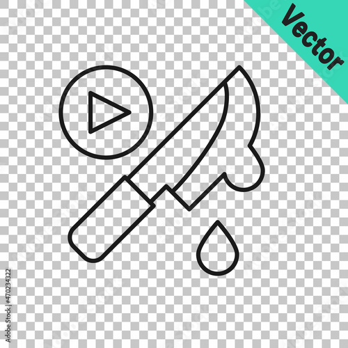 Black line Thriller movie icon isolated on transparent background. Bloody knife. Suspenseful cinema genre, survival horror. Shocking films with gore and violence. Vector