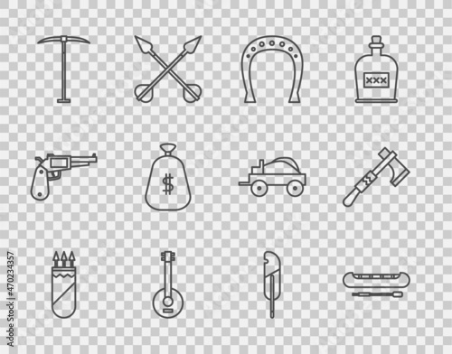 Set line Quiver with arrows, Kayak or canoe and paddle, Horseshoe, Banjo, Pickaxe, Money bag, Feather pen and Tomahawk icon. Vector