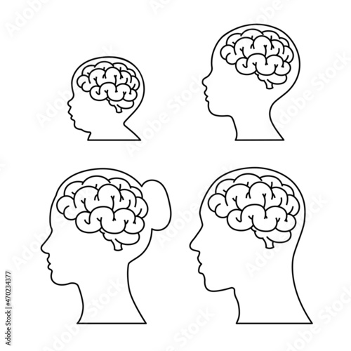 Set of icons, brain in human head, simple design. men, women, children and babies