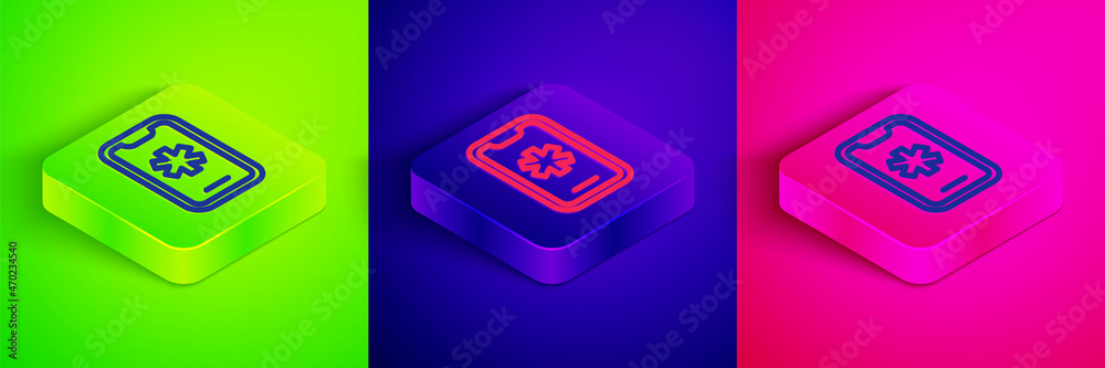 Isometric line Telephone with emergency call 911 icon isolated on green, blue and pink background. Police, ambulance, fire department, call, phone. Square button. Vector Isometric line Telephone with emergency call 911 icon isolated on green, blue and pink background. Police, ambulance, fire department, call, phone. Square button. Vector
