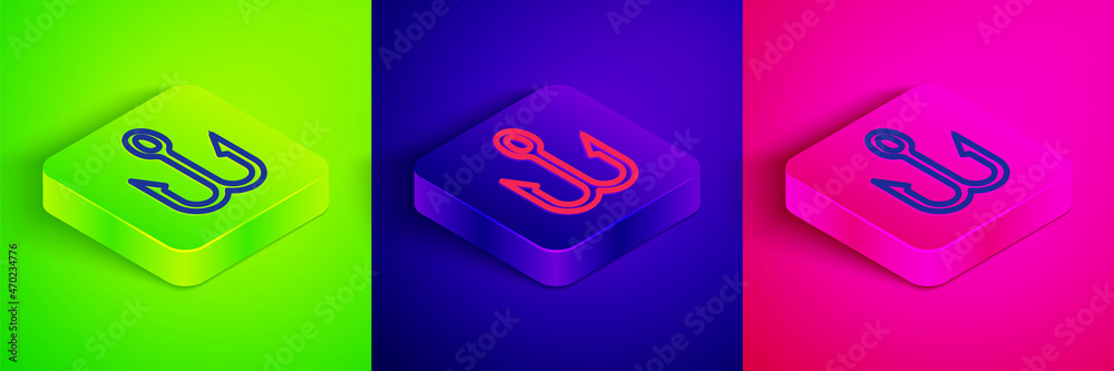 Isometric line Fishing hook icon isolated on green, blue and pink background. Fishing tackle. Square button. Vector Isometric line Fishing hook icon isolated on green, blue and pink background. Fishing tackle. Square button. Vector