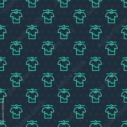 Green line Drying clothes icon isolated seamless pattern on blue background. Clean shirt. Wash clothes on a rope with clothespins. Clothing care and tidiness. Vector