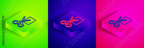 Isometric line Scissors cuts discount coupon icon isolated on green, blue and pink background. The concept of selling in an online supermarket at low prices or half the cost. Square button. Vector
