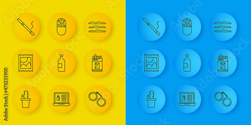 Set line Cactus peyote in pot, LSD acid mark, Alcohol drink bottle, Handcuffs, Open cigarettes pack box, Cigarette, Cocaine or heroin drug and Medicine pill tablet icon. Vector