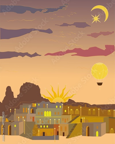 Aged middle east antique turkey orient  vintage tower dwelling. Old city hot air balloon flight on sunrise. Travel to Turkey. Retro poster, vintage banner. Hand drawing flat vector illustration .