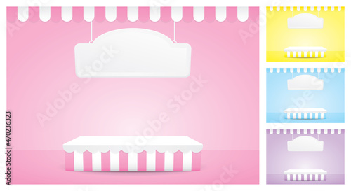 cute girly pastel color striped pattern podium display with hanging sign and awning 3d illustration vector for putting object