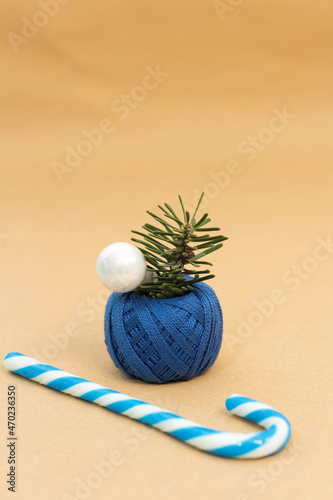White and blue sugar cane next to curly blue embroidery thread with white pearl and green herb inside