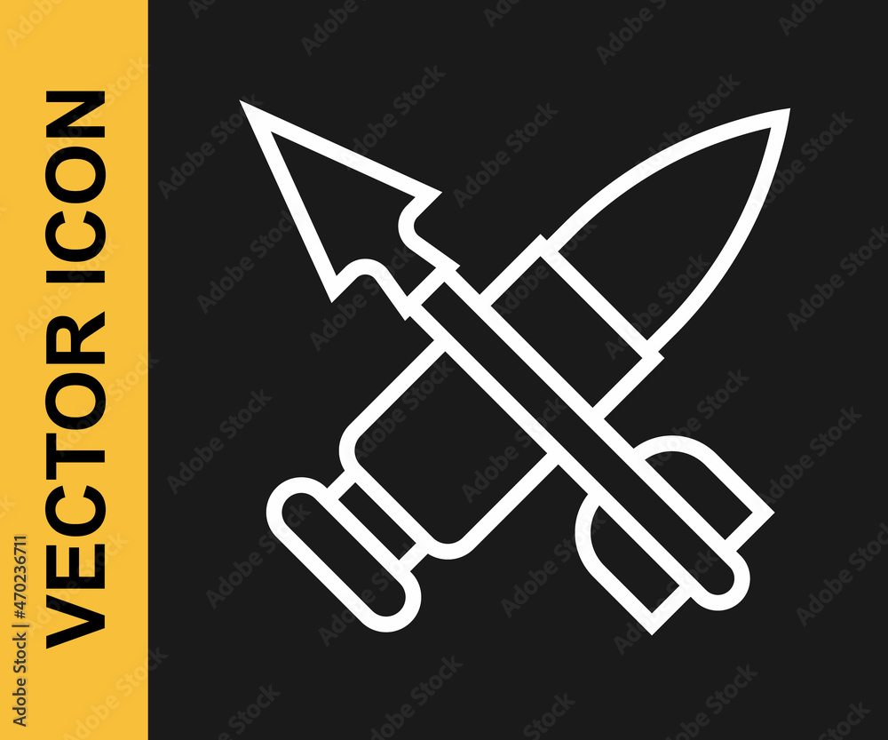 White line Crossed bullet with arrow icon isolated on black background. Vector White line Crossed bullet with arrow icon isolated on black background. Vector