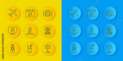 Set line Sunscreen spray bottle, Speech bubble with airplane, Surfboard, Road traffic signpost, Passport, Plane, Photo camera and Calendar and icon. Vector