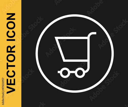 White line Shopping cart icon isolated on black background. Online buying concept. Delivery service sign. Supermarket basket symbol. Vector
