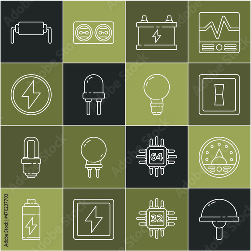 Set line Light emitting diode, Ampere meter, multimeter, voltmeter, Electric light switch, Car battery, Lightning bolt, Resistor electricity and bulb with concept of idea icon. Vector