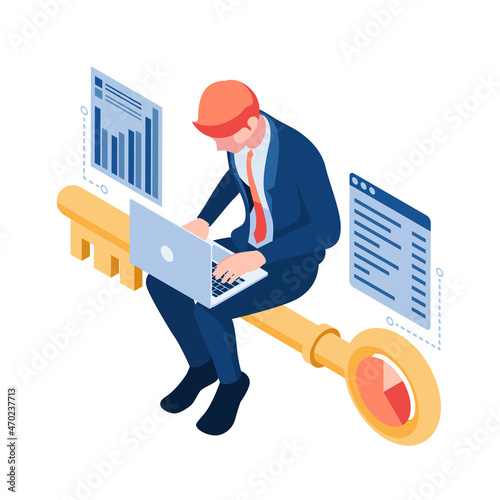 Isometric Businessman Working on Laptop and Sitting on Golden Key