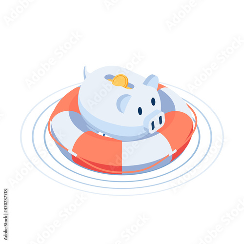 Isometric Piggy Bank On The Lifebuoy