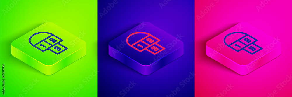Isometric line Hopscotch icon isolated on green, blue and pink background. Children asphalt coating drawing. Square button. Vector Isometric line Hopscotch icon isolated on green, blue and pink background. Children asphalt coating drawing. Square button. Vector