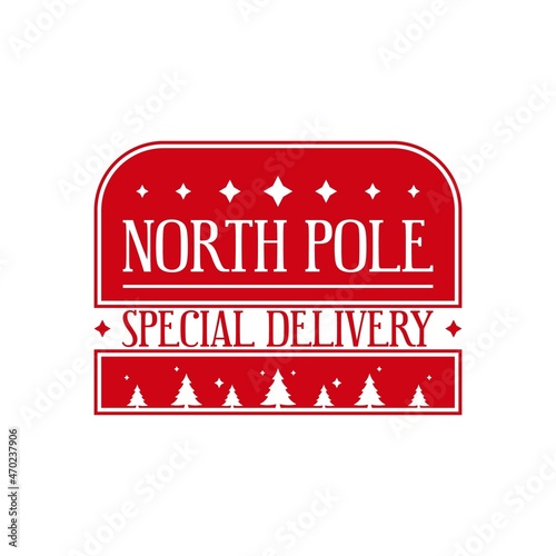 North pole special delivery - Christmas stamp design for handmade gifts and greeting cards. Xmas trees with stars. Vector illustration on white background.