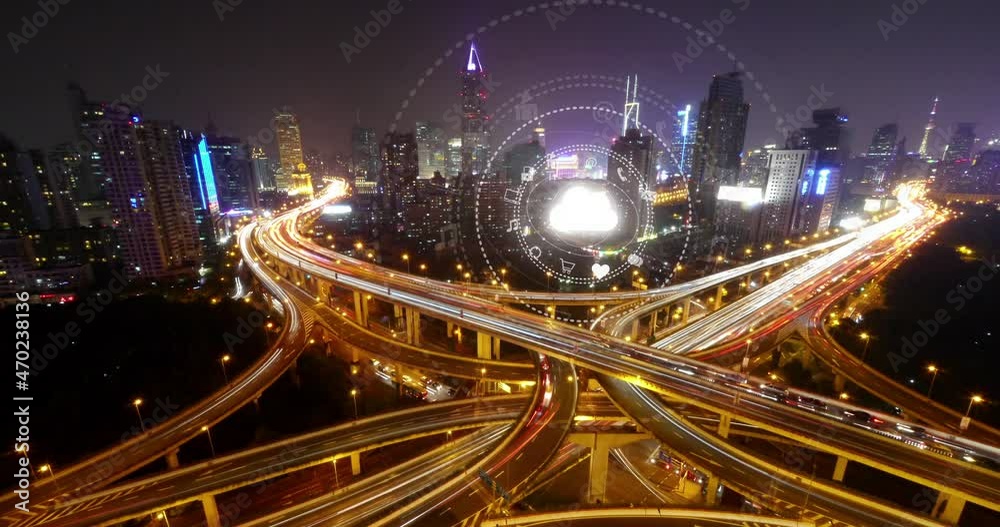 4k Timelapse of digital city traffic at night;shanghai.Brightly lit urban morden building.Data upload to the cloud.virtual web icons.on-line services icons.Cyber or technology.communication network. 