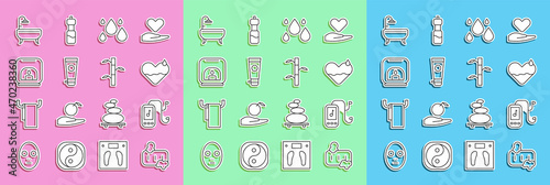Set line Bar of soap with foam, Music player, Heart heal, Water drop, Cream or lotion cosmetic tube, Aroma lamp, Bathtub and Bamboo stems leaves icon. Vector