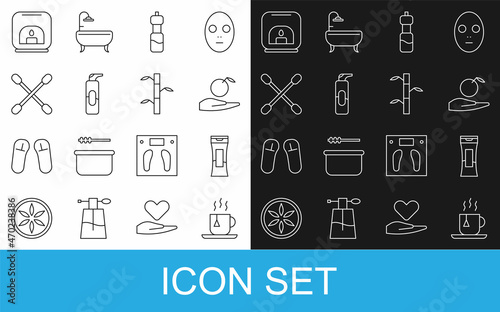 Set line Cup of tea with tea bag, Bottle shampoo, Apple in hand, water, Spray can for hairspray, Cotton swab ears, Aroma lamp and Bamboo stems leaves icon. Vector