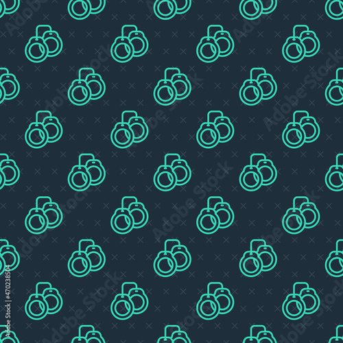 Green line Handcuffs icon isolated seamless pattern on blue background. Vector
