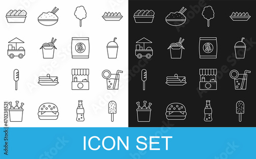 Set line Ice cream, Cocktail, Milkshake, Cotton candy, Asian noodles chopsticks, Fast street food cart, Chicken nuggets in box and Hard bread chucks crackers icon. Vector