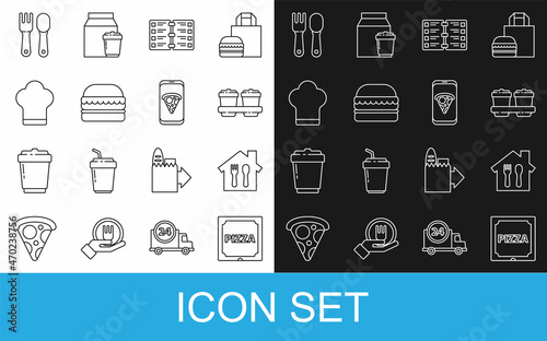 Set line Pizza in cardboard box, Online ordering and delivery, Coffee cup to go, Restaurant cafe menu, Burger, Chef hat, Fork spoon and Food pizza icon. Vector