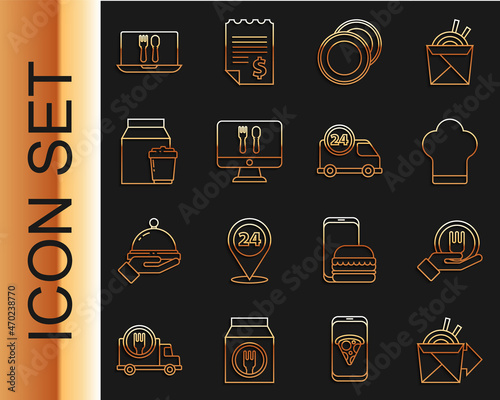 Set line Online ordering noodles delivery, and, Chef hat, Plate, and Fast by car icon. Vector