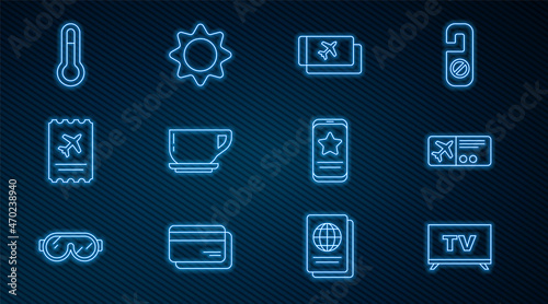 Set line Smart Tv, Airline ticket, Coffee cup, Meteorology thermometer, Mobile with review rating and Sun icon. Vector