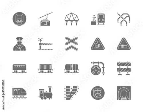 Set of Train and Railways Grey Icons. Funicular, Subway Map, Locomotive and more