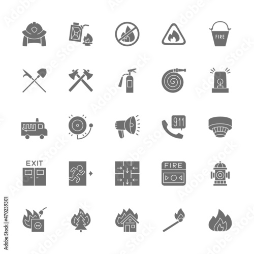 Set of Firefighter Grey Icons. Fireman, Evacuation Plan, Hydrant and more.