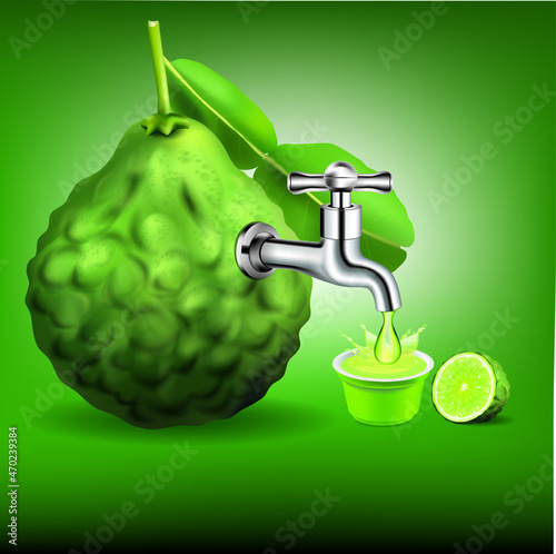 Fruit juice distilled from bergamot with water tap.juice cup.illustration vector