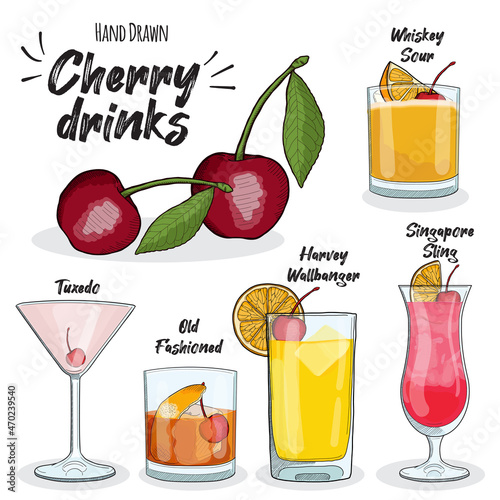 Cherry Drinks Set Whiskey Sour Casino Old fashioned Harvey Wallbanger Singapore Sling
