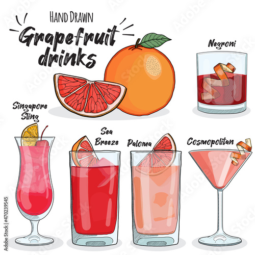 Grapefruit Drinks Set Negroni Singapore Sling Sea Breeze Paloma and Cosmopolitan
