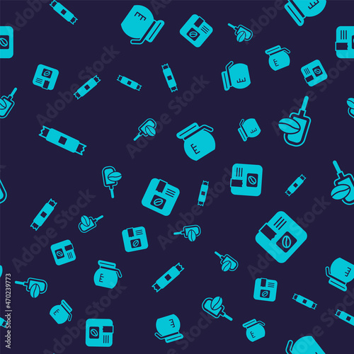 Set Sugar stick packets, Spatula with coffee grain, Coffee pot and Bag beans on seamless pattern. Vector