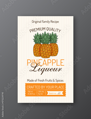 Pineapple liqueur alcohol label template. Isolated