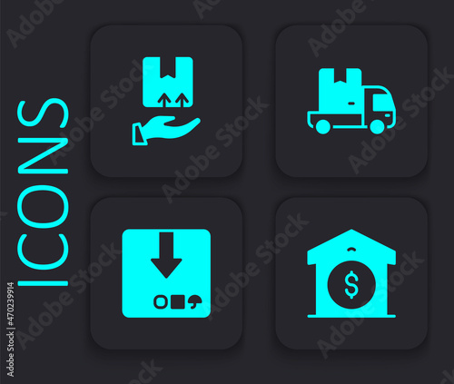 Set Warehouse price, Delivery hand with box, cargo truck and Carton cardboard icon. Black square button. Vector