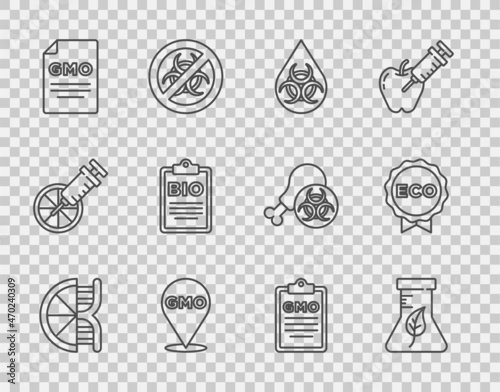 Set line Genetically modified orange, Test tube and flask, GMO, Document for bio healthy food, and Label eco icon. Vector