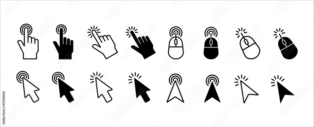 Mouse click cursor icon set. Hand finger and arrow cursor pointer ...