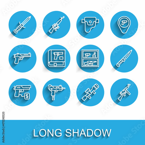 Set line Buying gun pistol, UZI submachine, Military knife, Sniper optical sight, Tommy, Book with or, and Hunting shop weapon icon. Vector