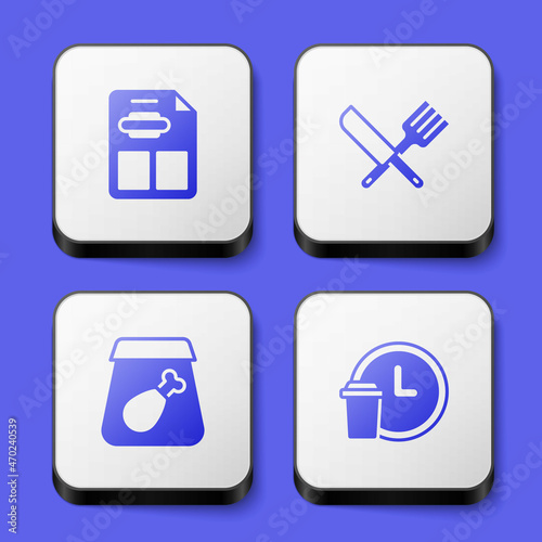 Set Restaurant cafe menu, Crossed knife and fork, Online ordering meal and Round the clock delivery icon. White square button. Vector