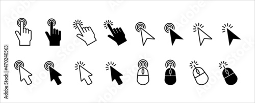 Mouse click cursor icon set. Hand finger and arrow cursor pointer symbol icons vector set. Assorted mouse click cursor pointer vector stock illustration. Varies different style graphic design.