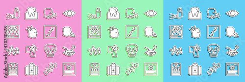 Set line Clinical record, Insomnia, Vomiting man, Man coughing, having headache, Lungs x-ray, Inhaler and Scar with suture icon. Vector
